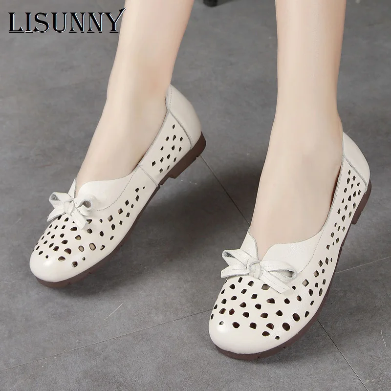 

LISUNNY 2021 Women Flat Shoes Genuine Leather Woman Ballet Round Toe Flats Summer Lady Hollow Out Loafers Women Shoes Sandals