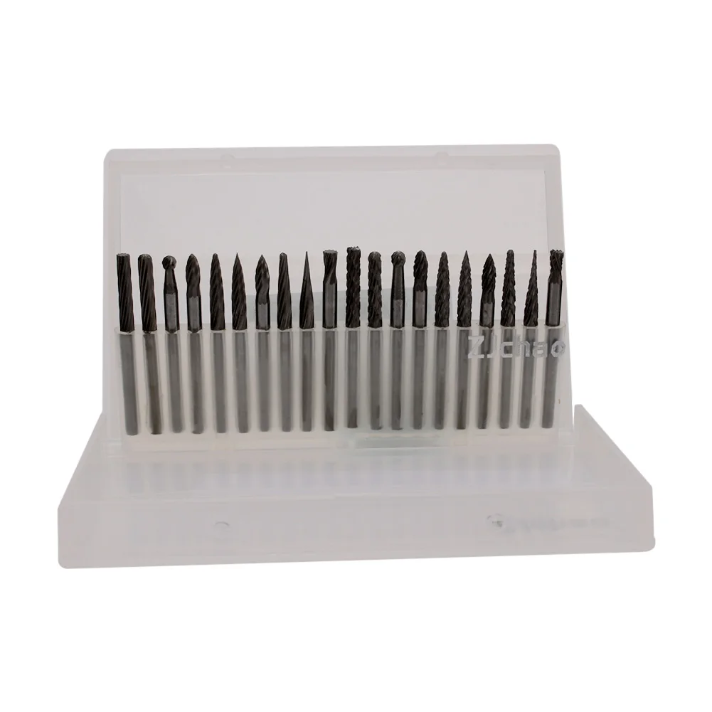 

20pcs 1/8 Inch 3mm Shank Tungsten Carbide Files Burrs Tapered End Mills Burr Milling Cutter Tool With Plastic Case