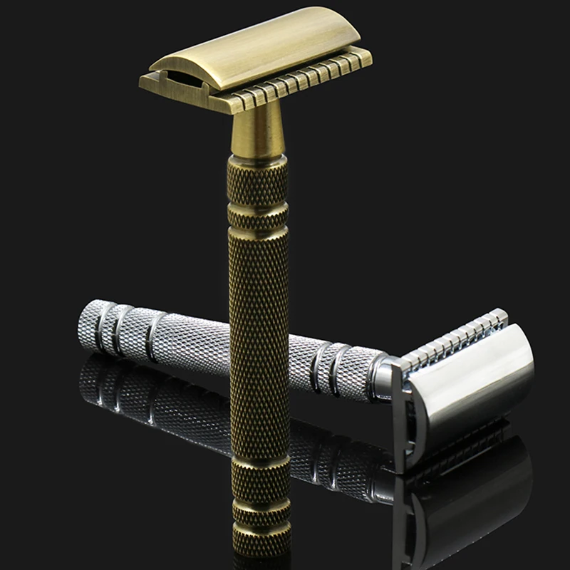 Мужская классическая двухсторонняя ручная бритва с длинной латунной ручкой 3 шт.