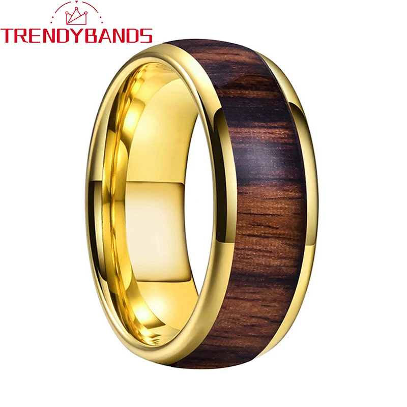 

Gold Tungsten Ring For Mens Womens 8mm Real Wood Inlay Wedding Bands Polished Finished Comfort Fit