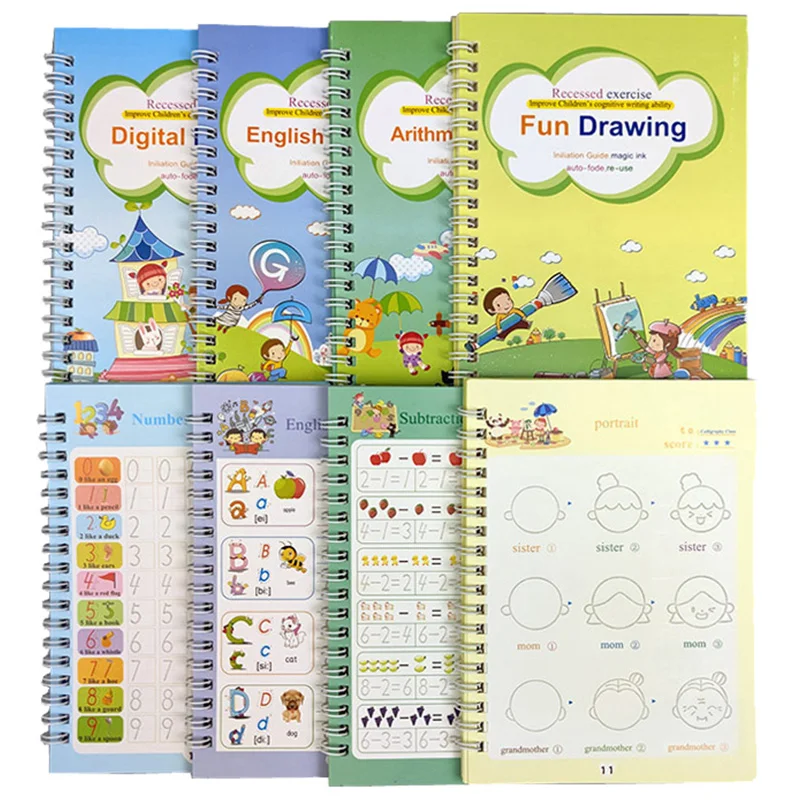 

Reusable Groove Print Copybook 4 Pcs Set Kids Handwriting Calligraphy Book with Auto Fade Pen & Refills Magic Practice Copybook
