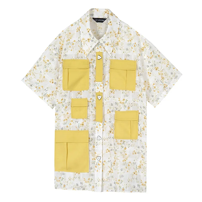 

Women's Yellow Floral Pocket Casual Shirt Contrast Color Short Sleeve Loose Blouses Female Korean Style Summer Straight Top
