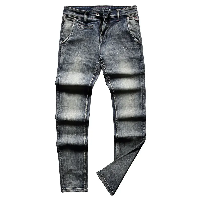 Italian Vintage Fashion Men Jeans High Quality Elastic Cotton Slim Fit Retro Ripped Jeans Men Painted Designer Denim Punk Pants