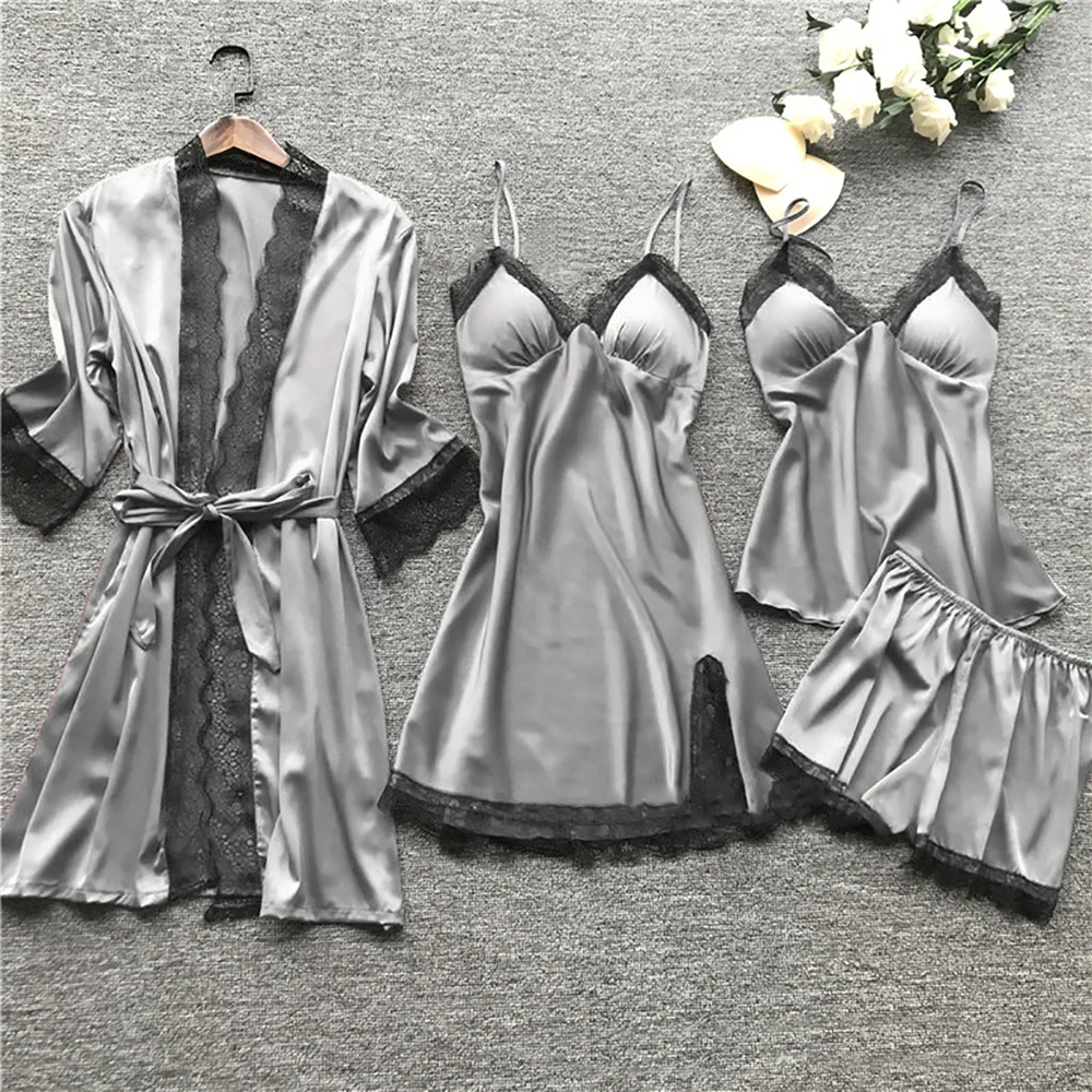 

4 Pieces 2021 Women Pajamas Sets Satin Sleepwear Silk Nightwear Pyjama Soild Strap Lace Sleep Lounge Pijama With Chest Pads