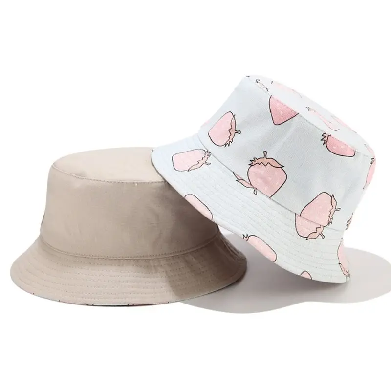 

Women Summer Strawberry Fruit Print Bucket Hat Reversible Double Sided Outdoor Sunscreen Vacation Packable Fisherman Cap F19 21