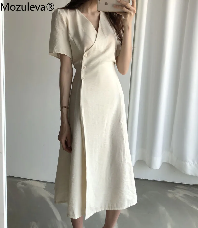 

Mozuleva 2022 New Women Summer High Waist V Neck A-line Dresses Casual Loose Cotton and Linen Fold Long Shirt Dress Femme