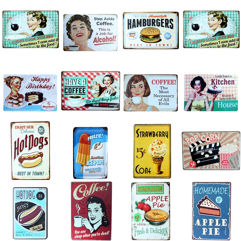 

New 18 Styles Metal Tin Signs Cake Foods Painting Home Decor Art Poster Vintage Bakery Kitchen Cafe Wall Decoration