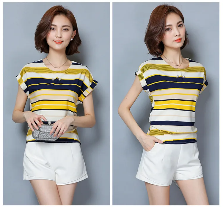 Блузка женская хлопковая с коротким рукавом Повседневная рубашка синий/красный