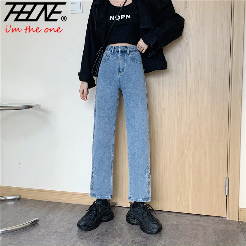 

Женские джинсы для мам, модные джинсовые брюки с высокой талией, корейские джинсы с разрезами, повседневные брюки, женские широкие брюки, ...