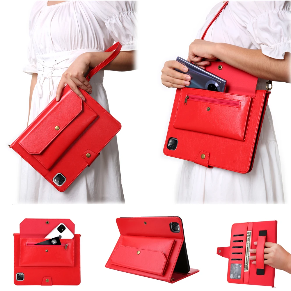 For iPad Pro 12.9 Envelope Shoulder Bag Case Hand Strap Wallet Bag iPad 2021 Muti-funtion Leather Case Flip Stand Smart Cover