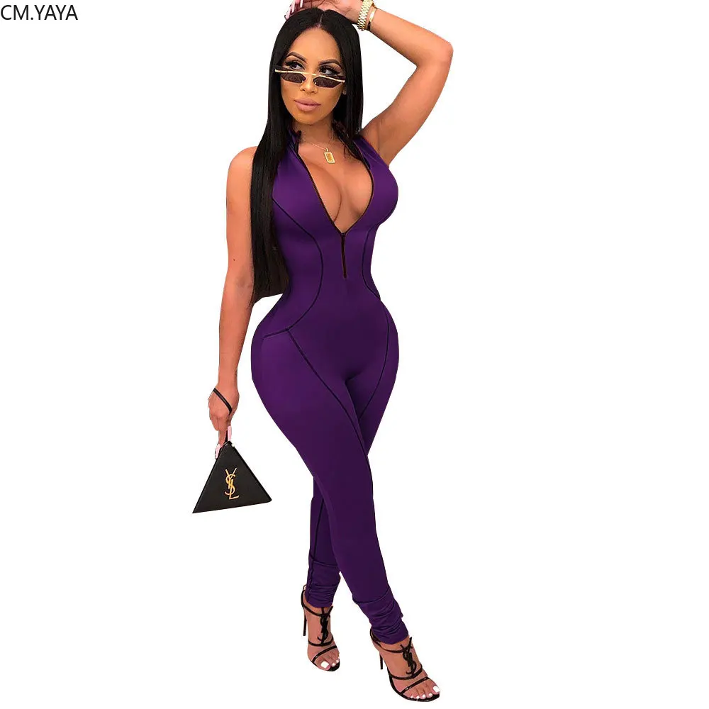 women stripes splicing zipper up sleeveless zipper up bodycon long jumpsuit sexy night club party romper playsuit GLAJ4075
