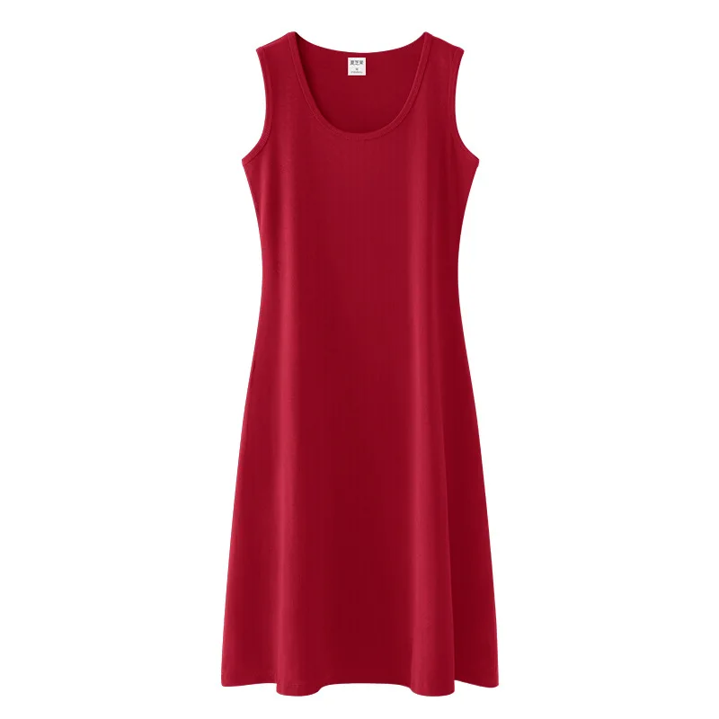 

Spring summer Woman Soft Cotton O-Neck Sleeveless Mini Dress Lady Elastic Inclined Shoulder Dress