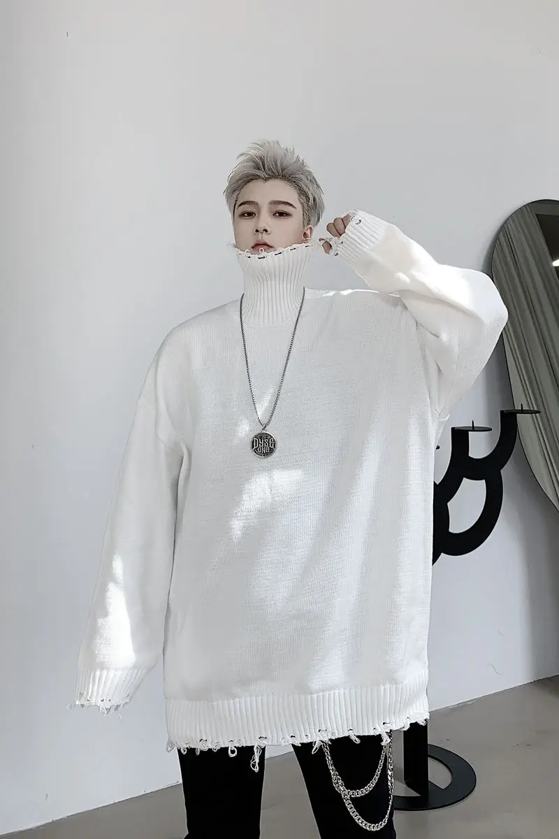 

IEFB / men's wear 2020 autumn and winter solid color turtleneck hole male's loose pullover sweater bgi size kinted tops 9Y4059