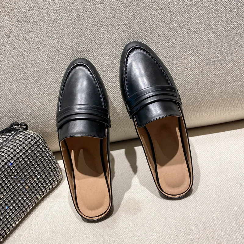 

Loafers Slippers Casual Cover Toe Shoes Woman 2022 Female Mule Low Luxury Mules Hoof Heels Fabric Rubber Fashion Buckle Strap Sl