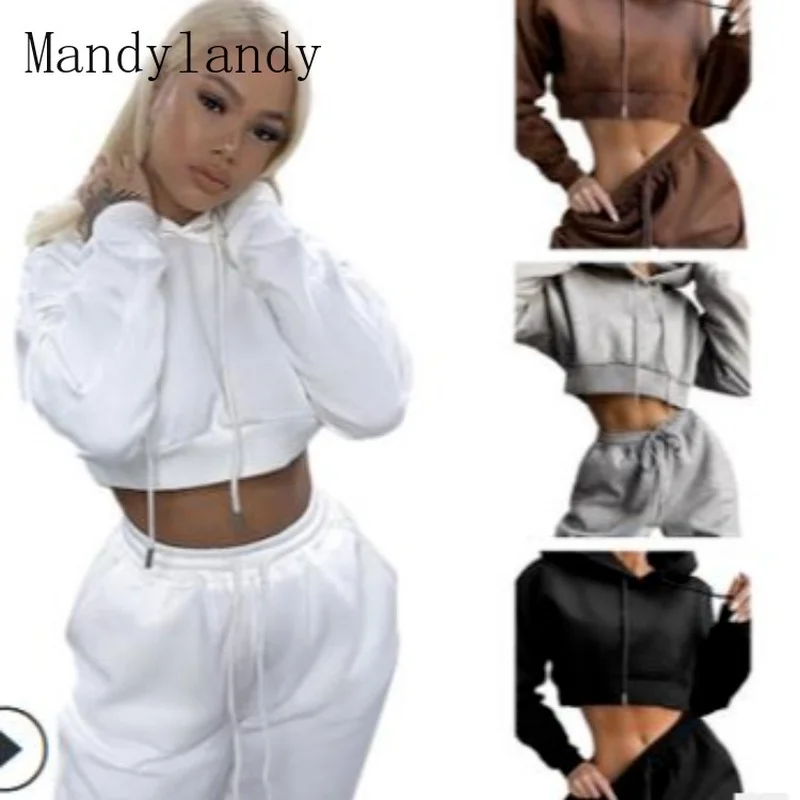 

Женский спортивный костюм Mandylandy, спортивный костюм, комплект для бега, однотонный хлопковый топ с длинным рукавом и штаны для бега