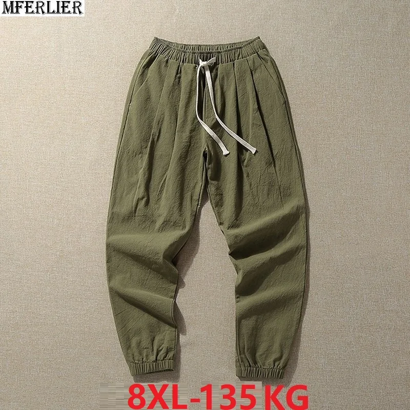 

spring Men Harlan pants summer chinese style linen pencil pants plus size big 8XL 7XL mens vintage slim fit pants loose green