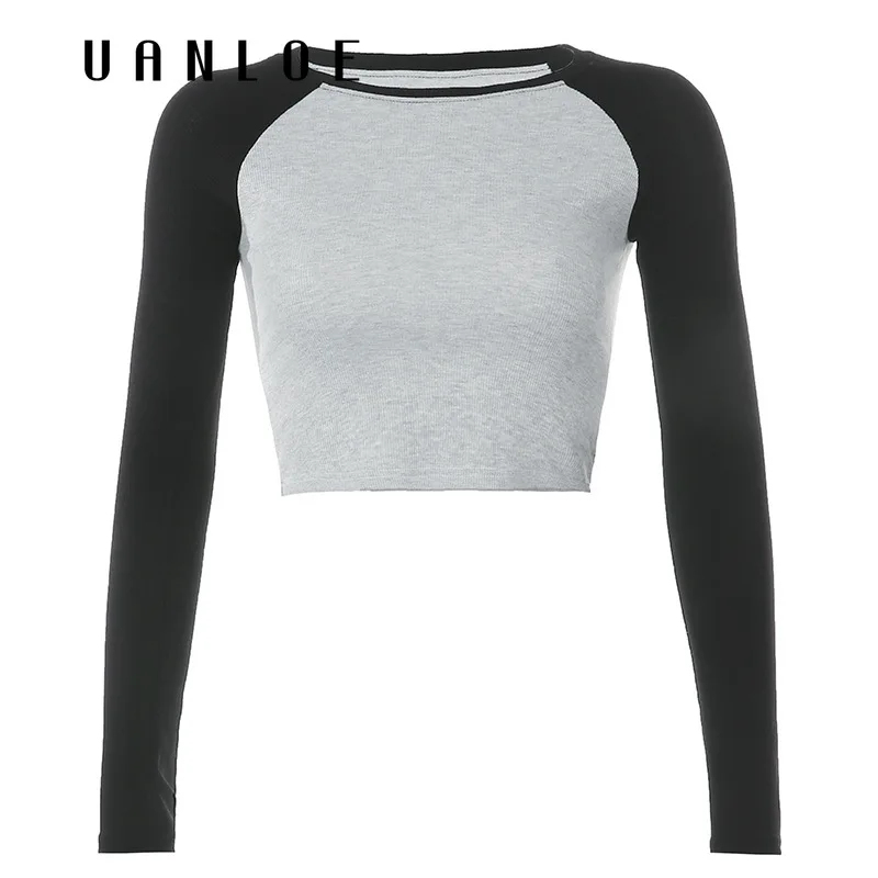 

Color Contrast Patchwork Basic Crop Top Shirt Autumn Long Sleeve Streetwear Rib Knitted Women Tshirts Casual Outfit Tops