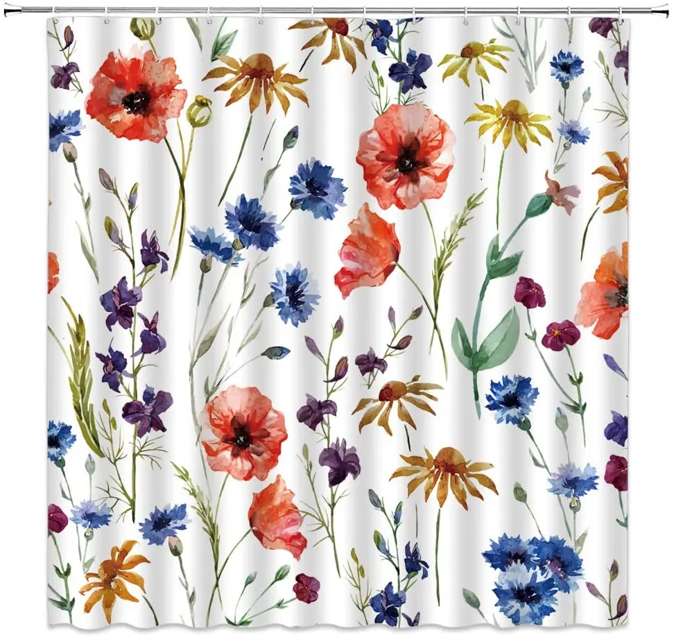 

Watercolor Flower Shower Curtain Floral Plant Themed Pattern Bathroom Decor Polyester Fabric Home Bath Cloth Hanging Curtain Set