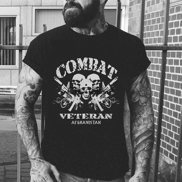 

Combat Veteran Afghanistan Army Men's T-shirt Black Guns Skull Veteran Men Cotton T-shirt