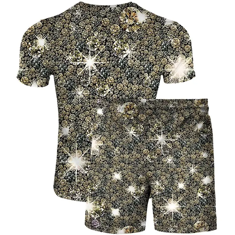 

2020 summer hot fashion 3D cool gold and silver powder digital printing casual men's short sleeve suit