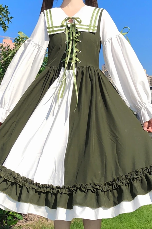 

Japanese fashion Sailor Collar Lantern Sleeve Lace-up High Waist Ruffles Dress Women's Autumn kawaii clothing sweet lolita dress