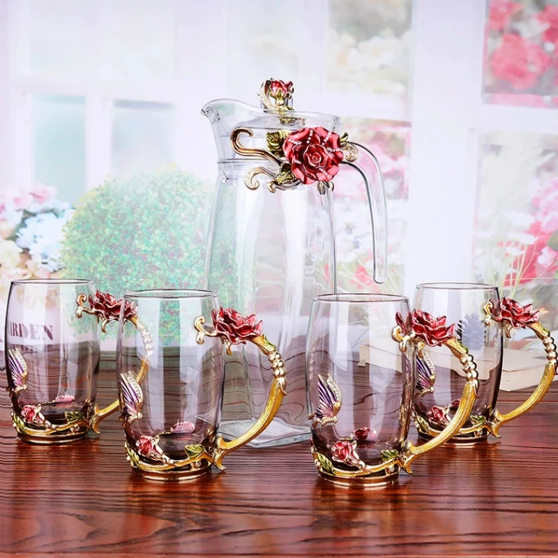 

Red rose Enamel Crystal Flower Glass Teapot for Hot and Cold Drinks 1300ml Home Drinkware Office water kettle Tea set coffee pot