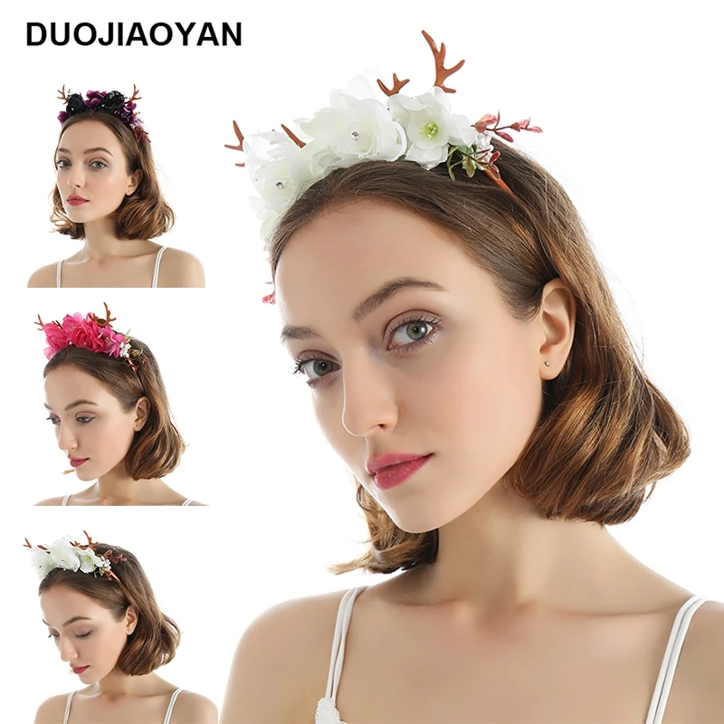 

DUOJIAOYAN Handmade mesh flowers with diamonds for girls headband antlers cute holiday party girls hairpin hair accessories