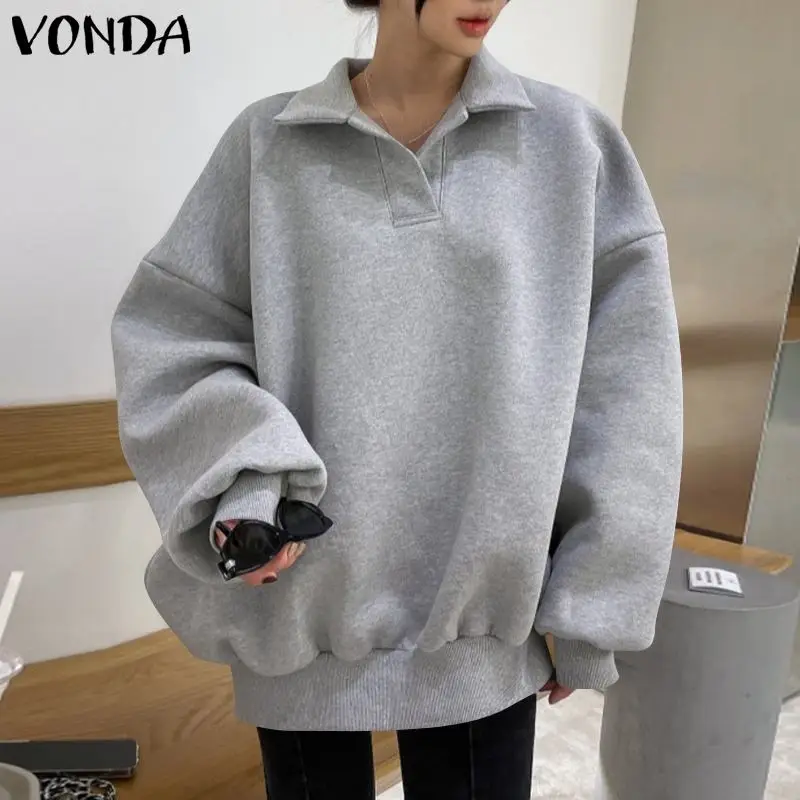 

Свитшот VONDA 2022 женский с длинным рукавом, пуловер с воротником с лацканами, мешковатая однотонная толстовка, праздничная уличная одежда ове...