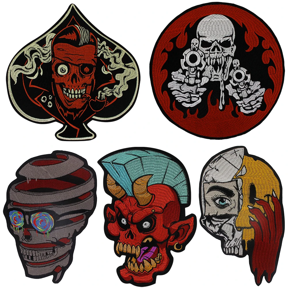 Big Punk Skull Patches Iron on Back Biker Skeleton Badge Large Embroidery for Clothes Jacket Jeans Applique P2056