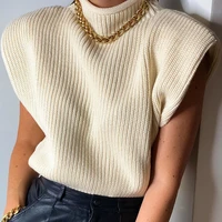 autumn fashion ladies za shoulder pad yellow knitted pullover sweaters women casual sleeveless turtleneck knitwear tops