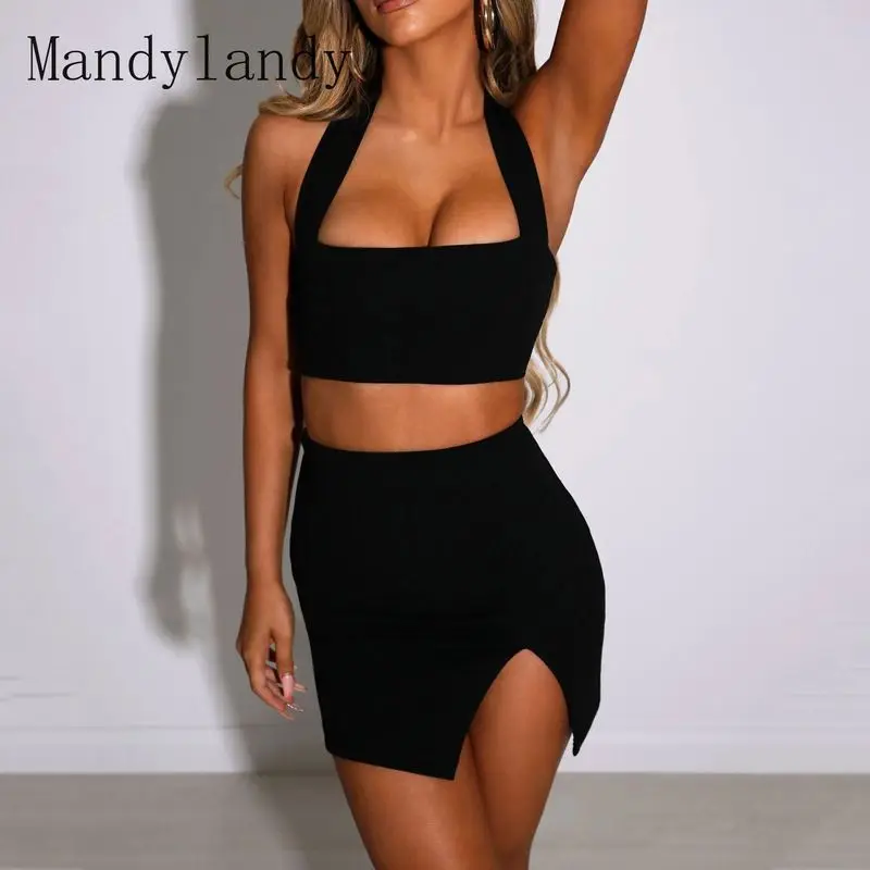 Mandylandy-Conjunto de dos piezas para mujer, Top corto de cuello Halter sin mangas con cintura elástica alta, falda dividida, trajes para mujer