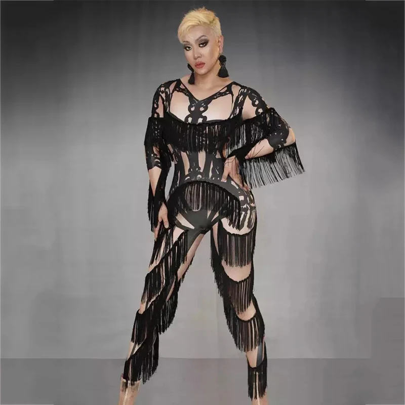

Black Tassels Jumpsuit Women Fake Print Fringes Bodysuit Singer Stage Wear Prom Show Outfit Nightclub Bar Rave Clothes DT2560