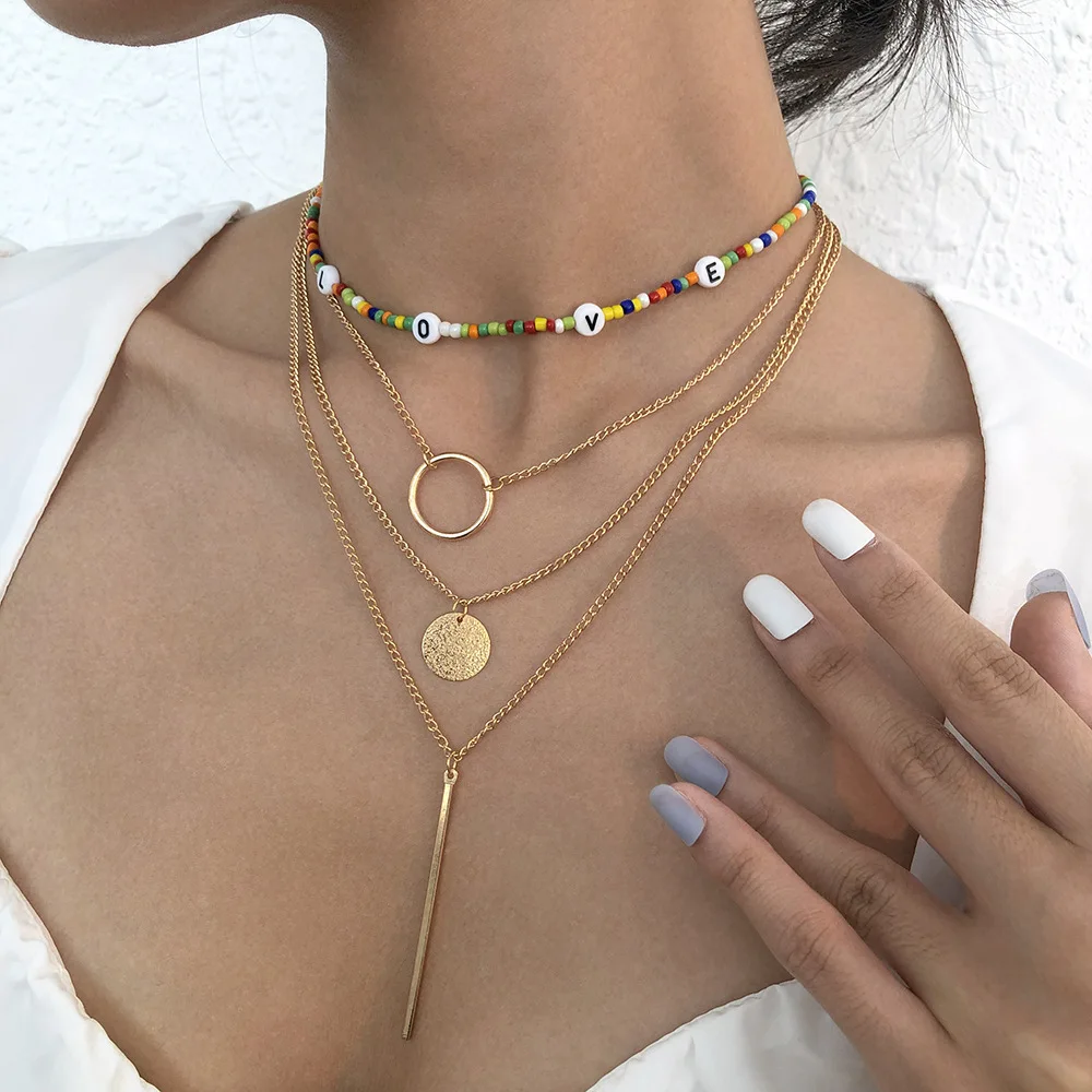

Trend Pendant Necklace Personality Colorful Beaded Necklace Alloy Ring Multilayer Clavicle Chain Chokers Necklace Women Jewelry