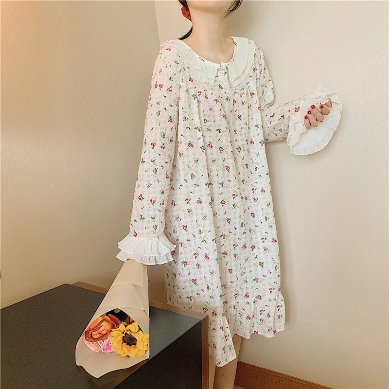 

cotton linen sleepwear floral print nightgowns ruffles loose midi dress homewear soft home clothes cute nightdress 3 color
