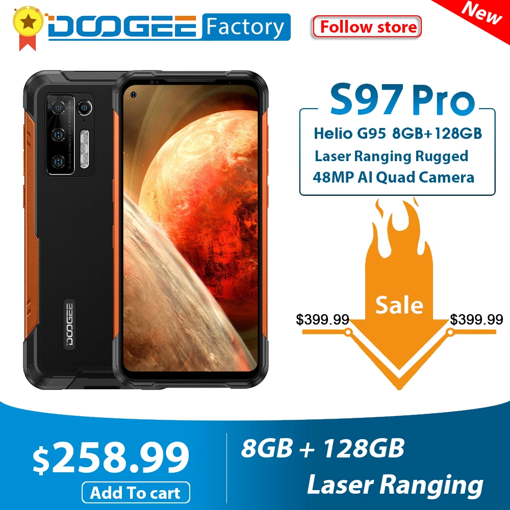 DOOGEE S97 Pro прочный мобильный телефон 40m Лазерный диапазон 8 ГБ + 128 48MP AI Quad Камера