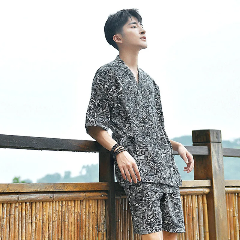 Color4 Хлопковое японское кимоно Jinbei с волнистым принтом, пижамный комплект для мужчин и женщин, одежда для пар с v-образным вырезом, банная Пижама Yukata, Пижама - Цвет: Color4