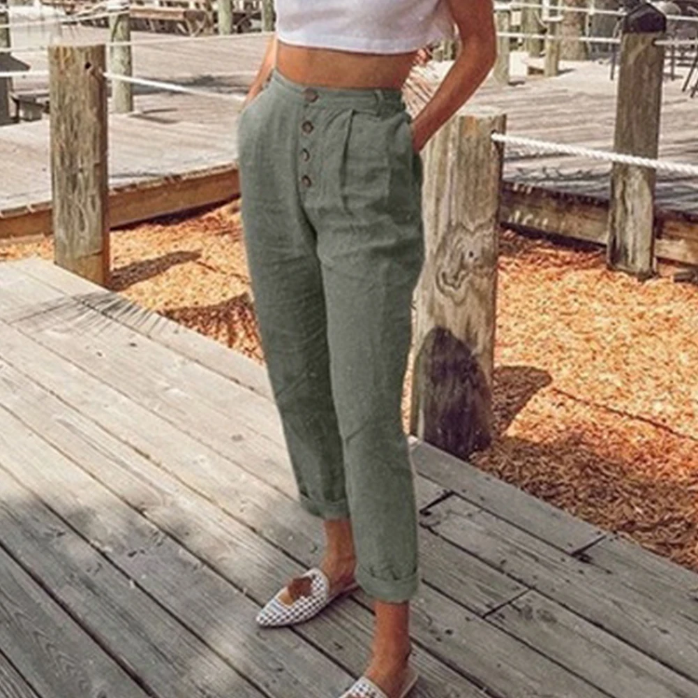 

2021 Solid Cotton Linen Women Pencil Pants Spring Casual Button High Waist Trousers Women Plus Size Long Pants 3XL
