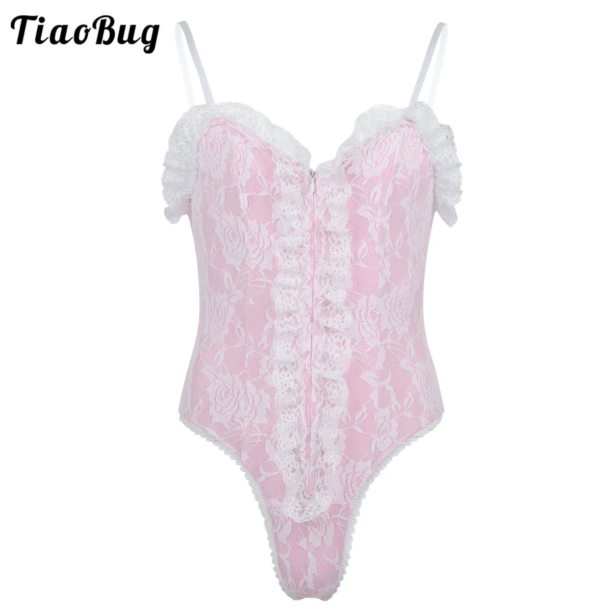 

TiaoBug Sexy Mens Sissy Lingerie Adjustable Spaghetti Shoulder Straps High Cut Ruffle Lace Teddy Bodysuit Nightwear Sleepwear