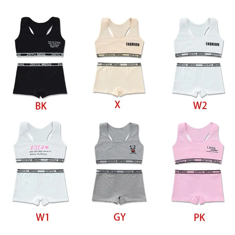 Teenager Sport Cotton Underwear Set Young Girls Racerback Letters Bra Boyshort X3UE