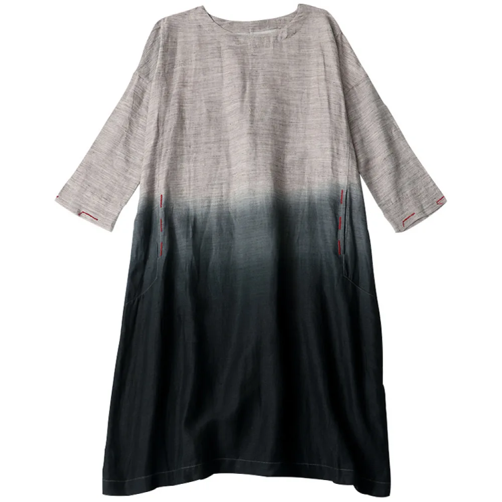 

Fashion Round Neck Long Sleeves Rendering Contrast Dress New National Style Cotton and Linen Leisure Dress with Pockets