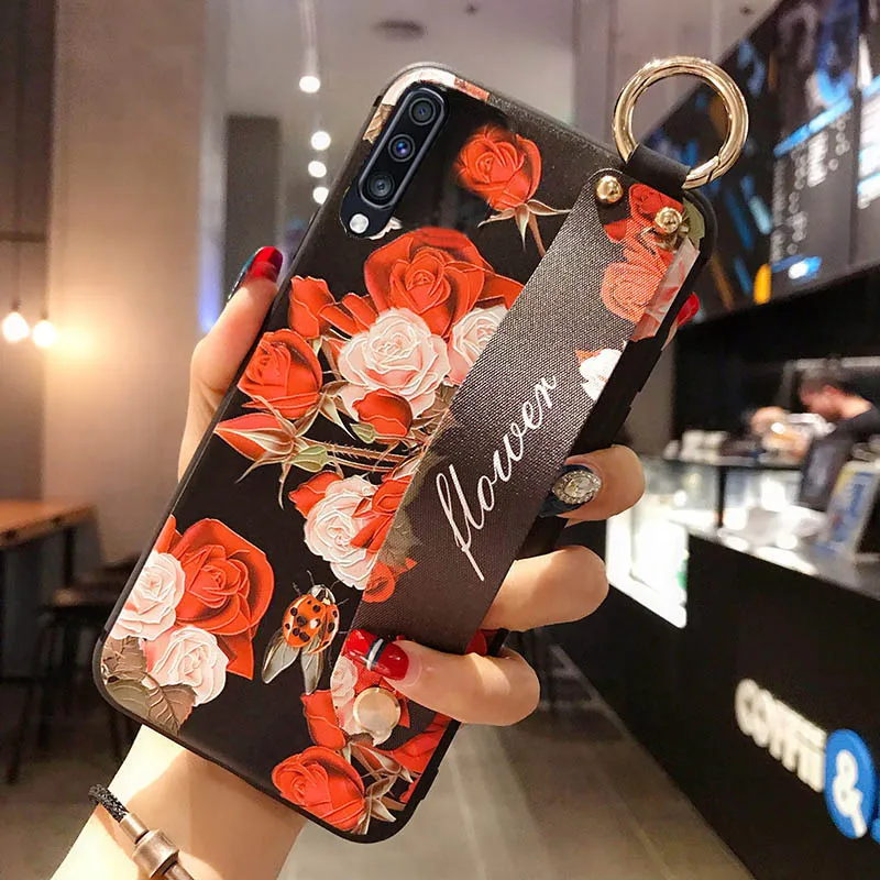 Многоцветный Матовый чехол с 3D рельефным цветком для samsung Galaxy S10e S9 S8 S10 Plus Note 8 9, ремешок на руку, мягкий чехол, роскошный чехол с подставкой - Цвет: Многоцветный