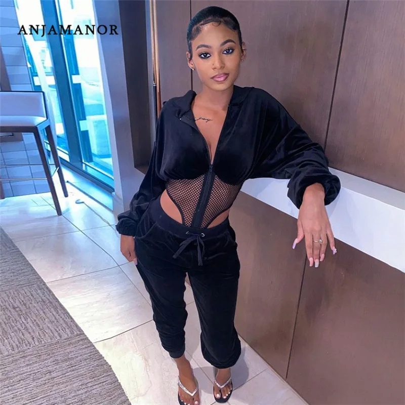 

ANJAMANOR Two Piece Hoodie Jogging Pants Set Sweatsuits Fall Clothes for Women Activewear Black Mesh Velvet Tracksuit D44-EZ48