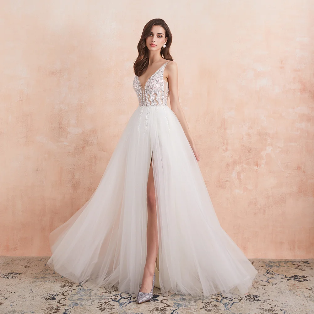 

V-neck Wedding Crystal Bead Sexy Ivory Backless Dress