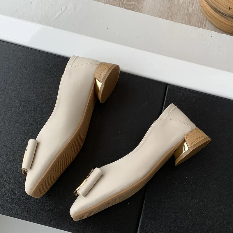 

Bailamos 2021 Women Slip On Casual Loafers Spring Flats Shoes Low Heel Square Toe Round Metal Buckle Ballerinas Soft Shoes