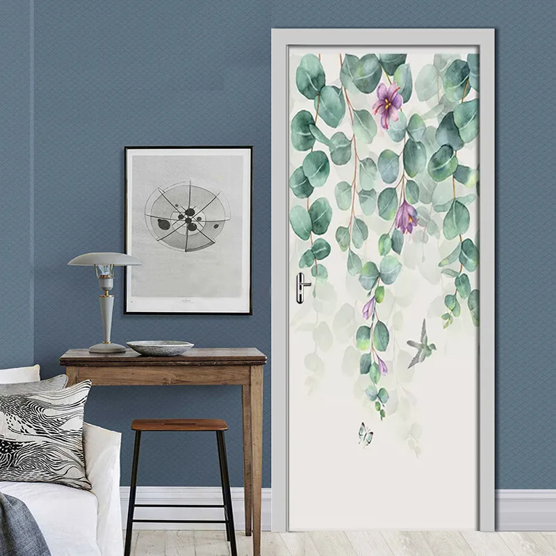 

European Vintage Abstract Leaf 3D Door Sticker PVC Self-adhesive Living Room Door Mural Wall Sticker Poster Papel De Parede
