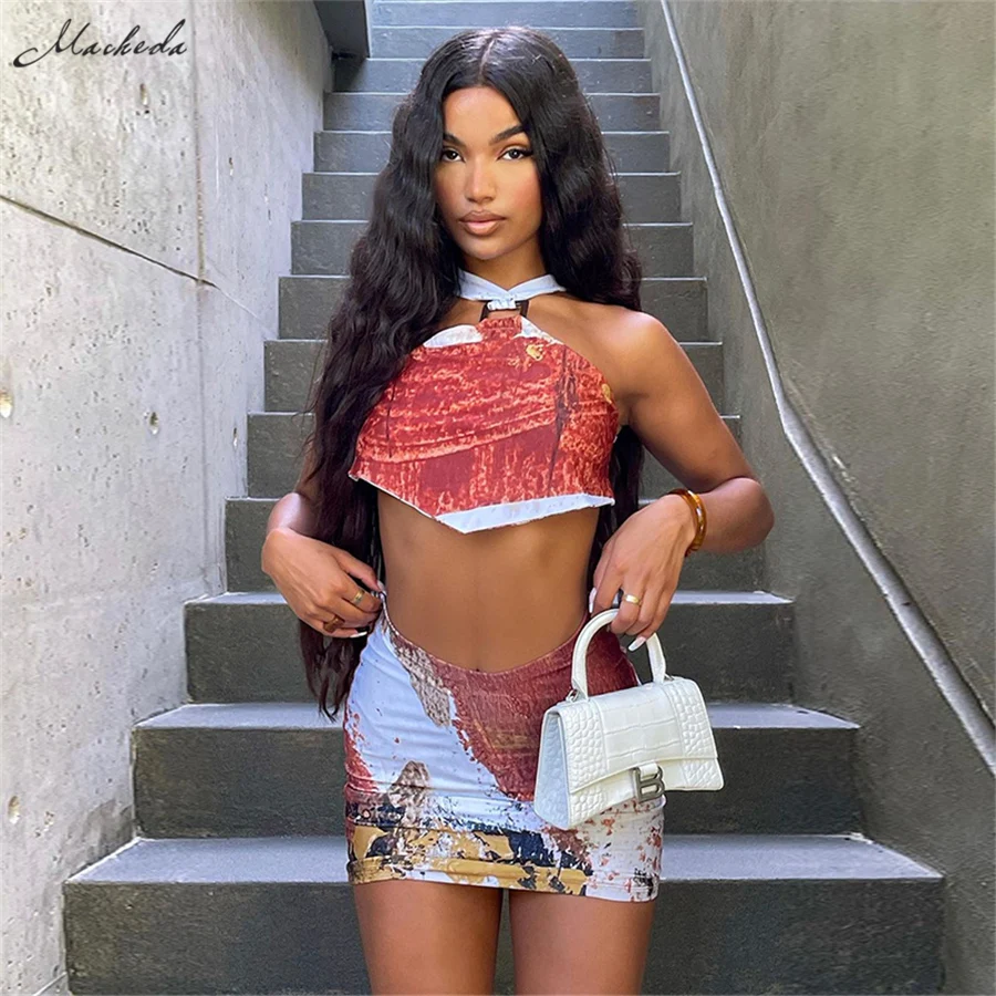 

Macheda Summer Printing Slim Set Women Sexy Backless Sleeveless Crop Top And High Waist Mini Skirt Lady Fashion Outfits New