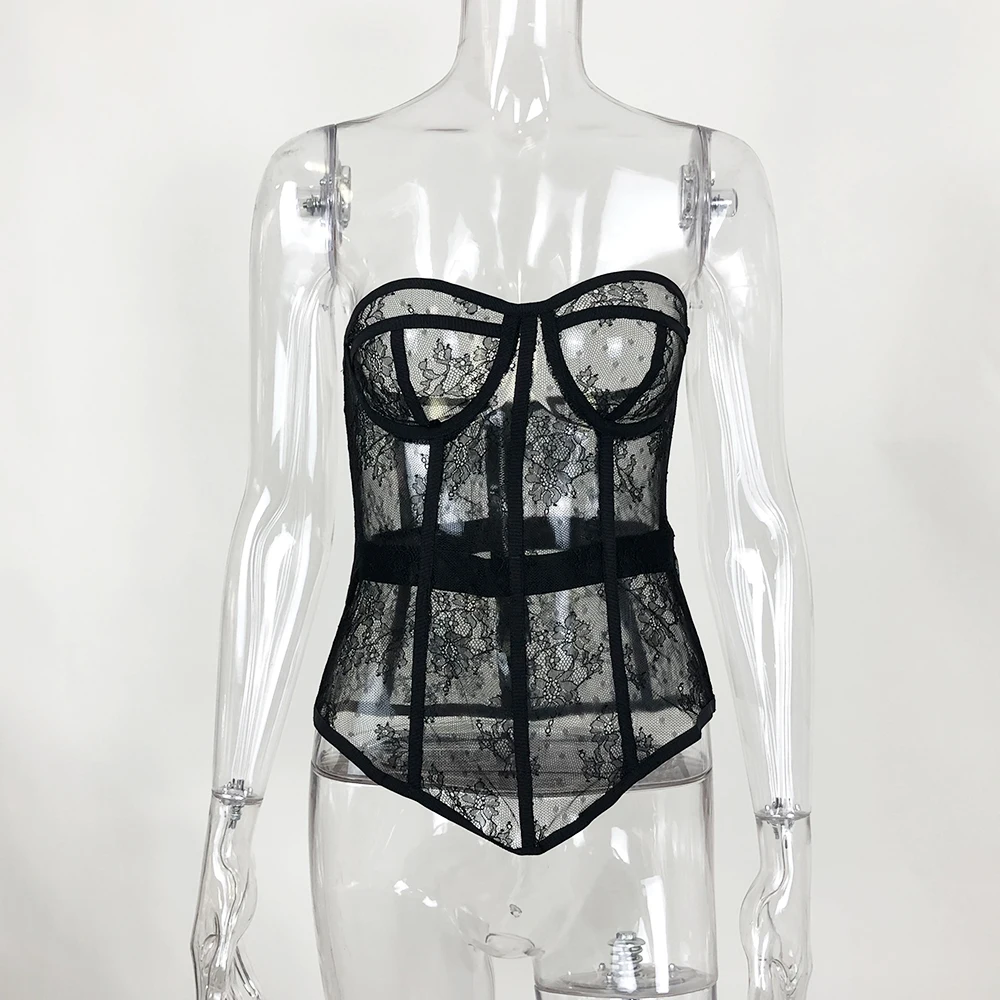 

Strapless Lace Corset Top Sexy Slim Summer Black Tank Tops Fashion Low Neck See Through Daily Club Outfit Streetwear Women Top