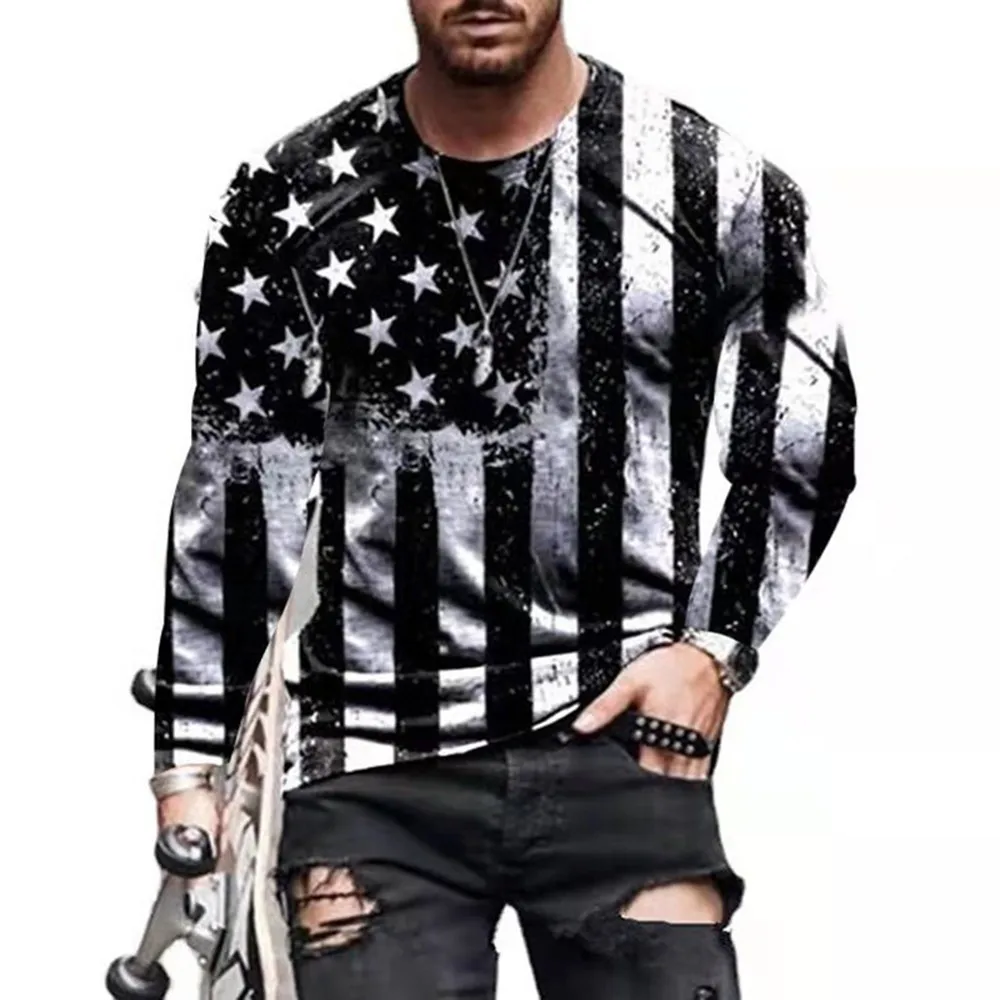 

Summer Men 3D American Flag Printed Crew Neck Tees Tops Long Sleeve Casual T-Shirt Sport Muscle Streetwear Fashion Man's Tee
