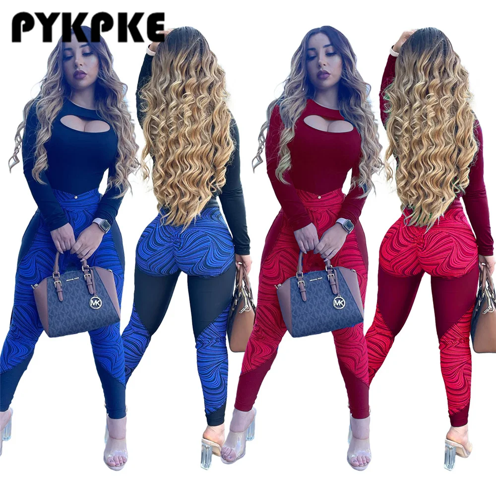 

Женский комплект из двух предметов, пикантный топ с вырезами и длинным рукавом и брюки с принтом в стиле пэчворк