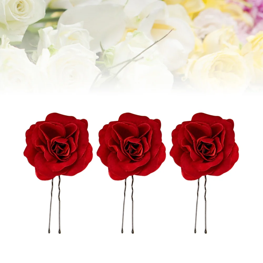 

6pcs Red Rose Flower Hair Sticks Bride Bridesmaid Hair Accessories U-shaped Updo Hair Chopsticks for Wedding Party